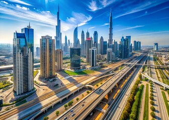 Naklejka premium Dubai Sheikh Zayed Road Train Aerial View Sunny Day March 2016