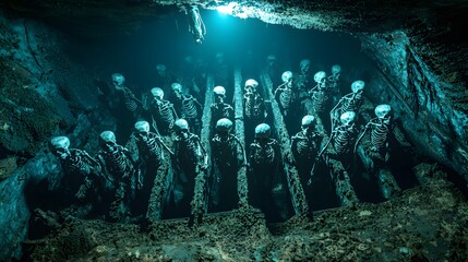 Fototapeta premium Group of eerie skeletons found in a dark cave near a pirate shipwreck under mysterious lighting creating a haunting scene
