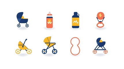 A set of six parenting icons displaying common baby items such as a stroller bottle pacifier and other nursery accessories against a clean white background
