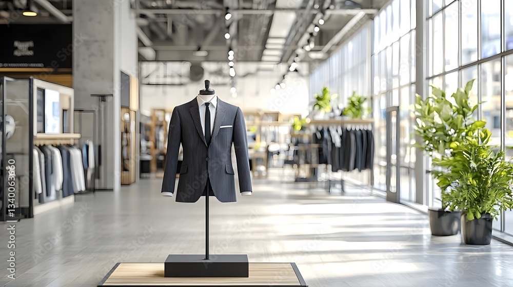 Poster A sleek minimalist display in a retail store setting showcases a tailored suit with subtle futuristic design details blending vintage craftsmanship and contemporary materials