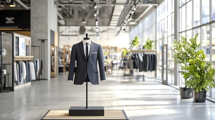 Fototapeta premium A sleek minimalist display in a retail store setting showcases a tailored suit with subtle futuristic design details blending vintage craftsmanship and contemporary materials