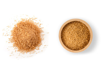 Brown sugar in wooden bowl isolated on white background. Top view
