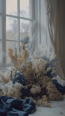 Beautifully arranged bouquet of fresh flowers on a table set against a vintage postcard creating a charming atmosphere