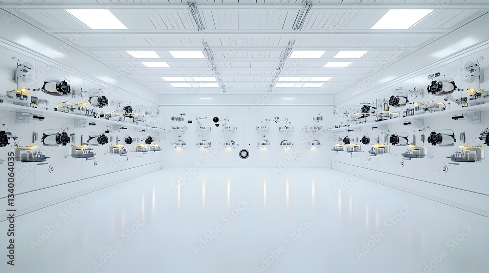 Aufkleber A sterile futuristic looking laboratory filled with an array of mysterious glowing electronic devices on shelves against a clean bright white background creating an eerie abandoned atmosphere