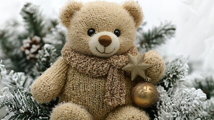 Teddy bear Christmas scene snowy backdrop