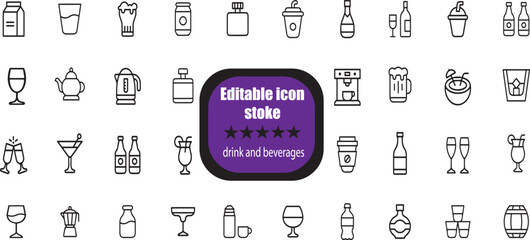 outline icons related to food and drink. Linear icon collection. Editable stroke. 