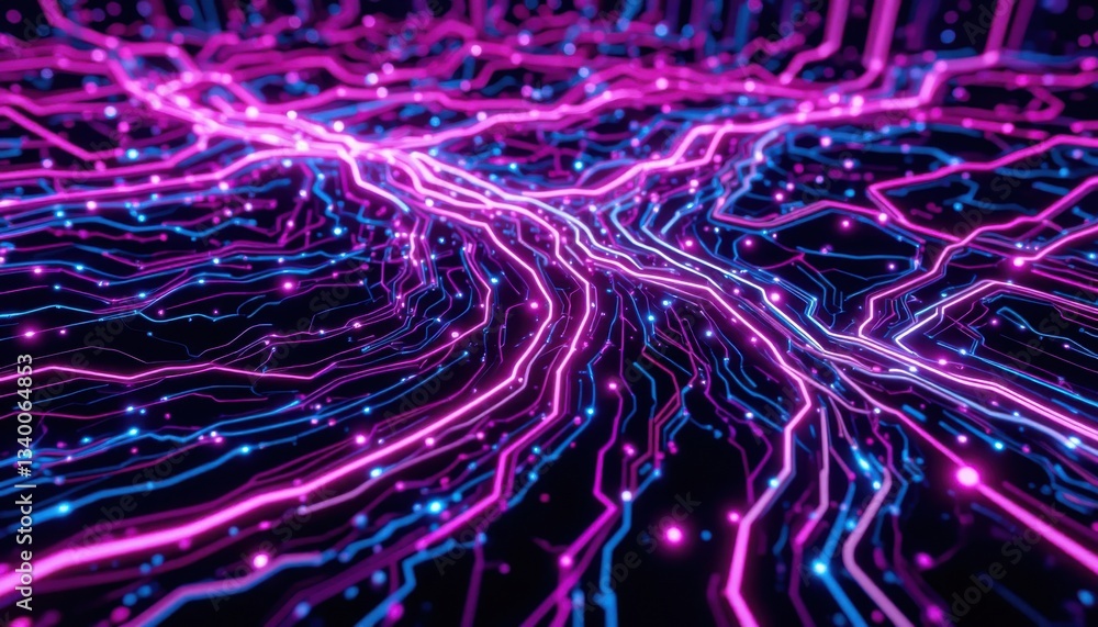 Aufkleber dynamic neon network abstract background: high-tech glowing lines on black surface