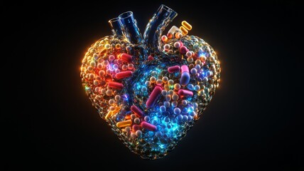 Glass Heart Filled With Colorful Pills And Capsules