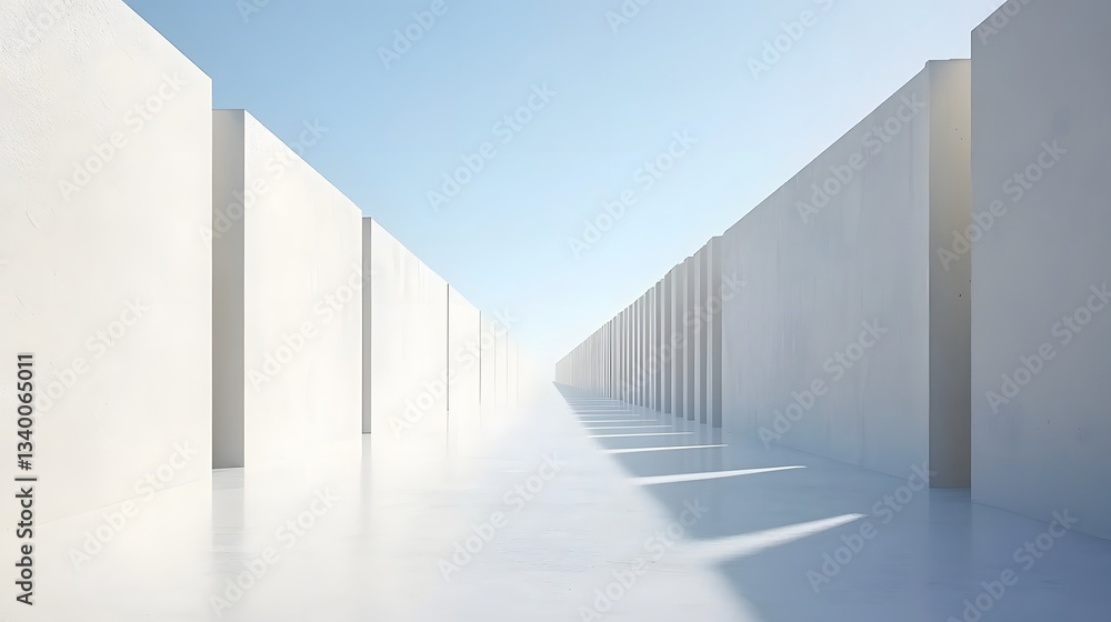 Poster a vast minimalist architectural passage with clean symmetrical white walls and bright contrasting li