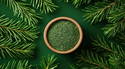 Fresh pine needle tea ingredients with surrounding greenery