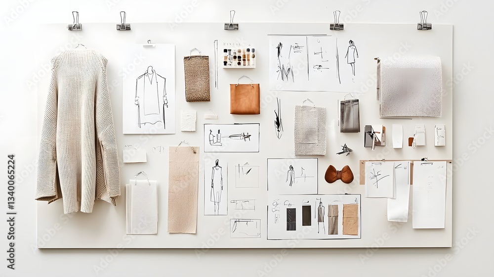 Poster A visually striking fashion mood board showcasing a range of textures fabrics and sketches capturing the essence of conceptual design and creative