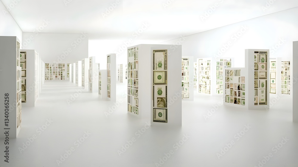 Poster A visually striking minimalist installation featuring repeating frames filled with various currencies