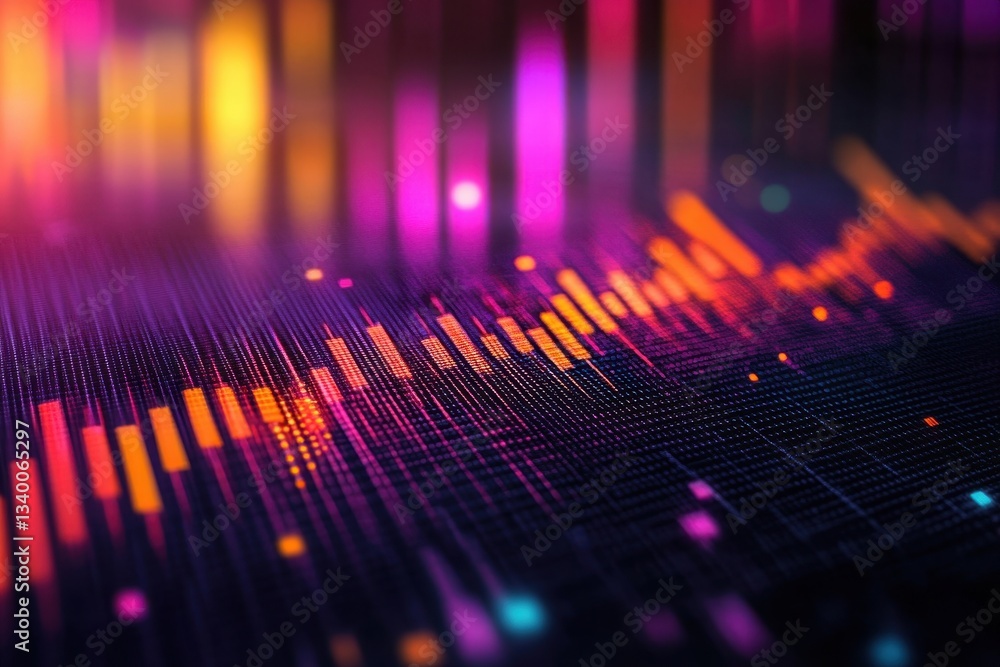 Poster abstract digital data stream, bright bars and grid on dark textured backdrop. good for illustrating 