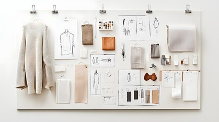 A visually striking fashion mood board showcasing a range of textures fabrics and sketches capturing the essence of conceptual design and creative