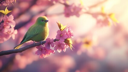 Green Bird Perched on Branch with Pink Blossoms at Sunrise, Peaceful Springtime Nature Scene