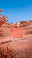 Perfume Bottle in Desert Landscape with Coral Accents