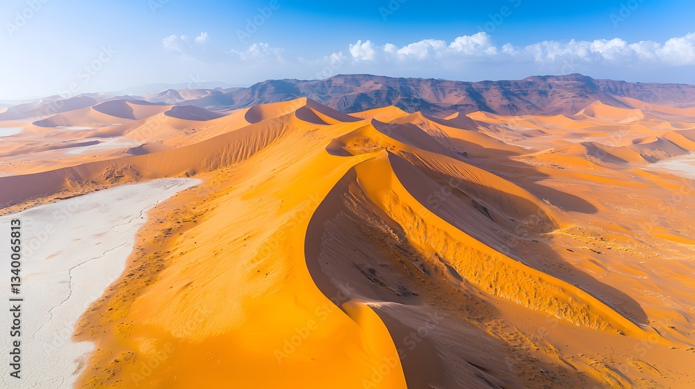 Poster drone aerial perspective of desert sand dunes capturing unique patterns and textures under a bright 