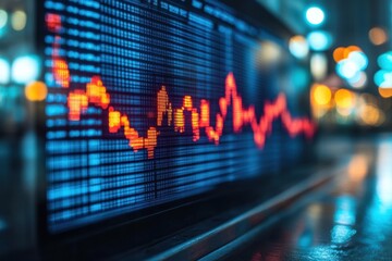 A red stock market graph displayed on a blue electronic grid screen. Illustrates finance, business, economy, investment, and market trends.