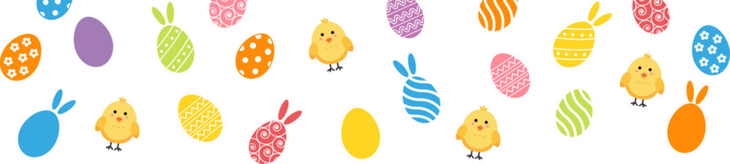 Horizontal easter eggs seamless border .Set of simple colorful eggs,rabbits,chick. Happy Easter seamless pattern or border. Easter decoration with painted eggs and rabbits. Happy Easter banner