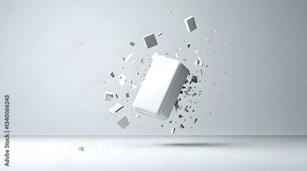 Poster abstract composition featuring disintegrating geometric shapes levitating and reassembling in a surr