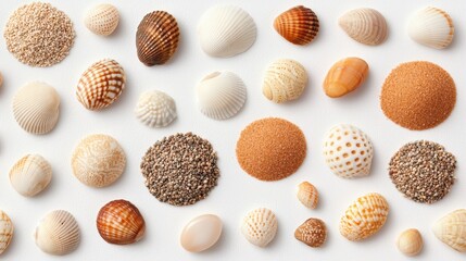 Fototapeta premium Assorted seashells and sand textures arranged aesthetically