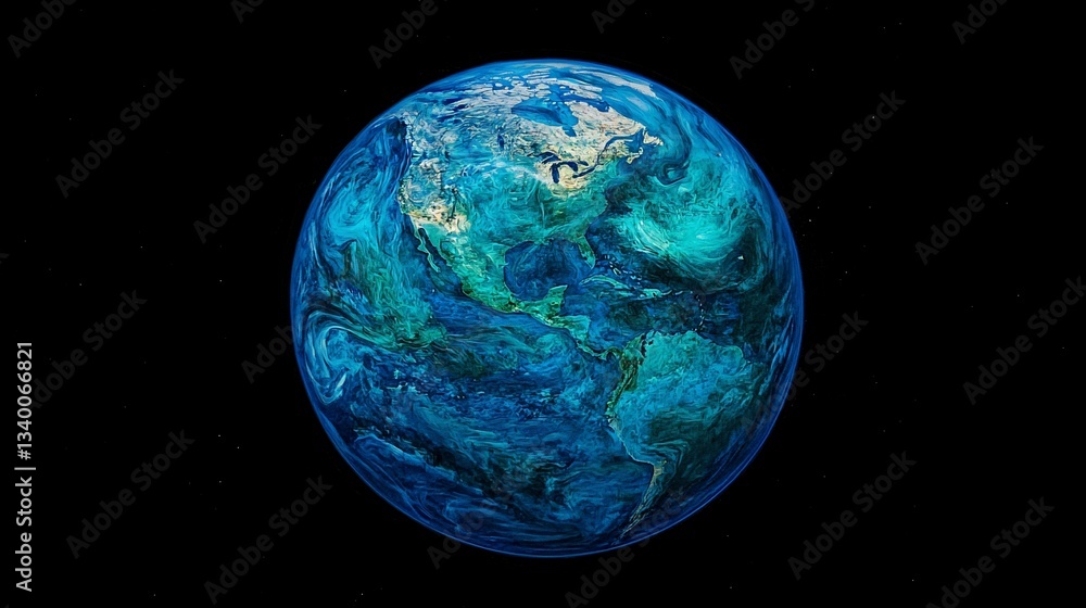 Poster detailed earth planet view in the dark space background with multiple stars around