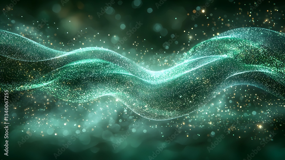 Poster enchanting green wave with sparkling lights creating an artistic flowing texture and glowing mist ef