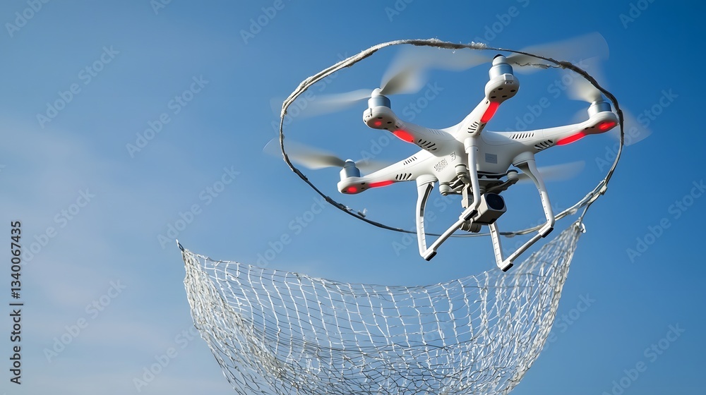 Poster aerial image of a quadcopter drone being captured by a net device used for security and surveillance