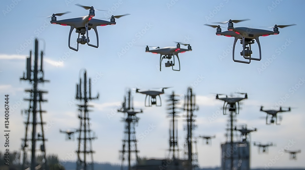 Leinwandbilder aerial view of several drones flying in close proximity to a network of electrical transmission towe