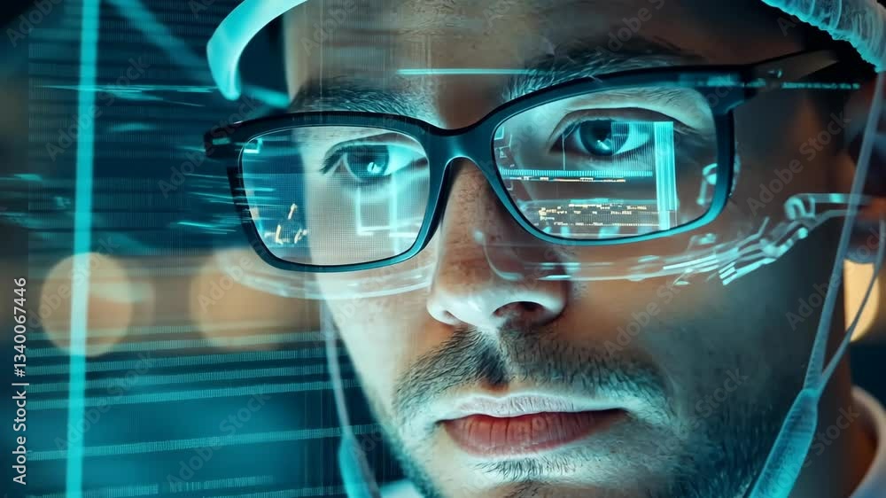 Poster scientist examines glowing digital data interface in a lab setting at night