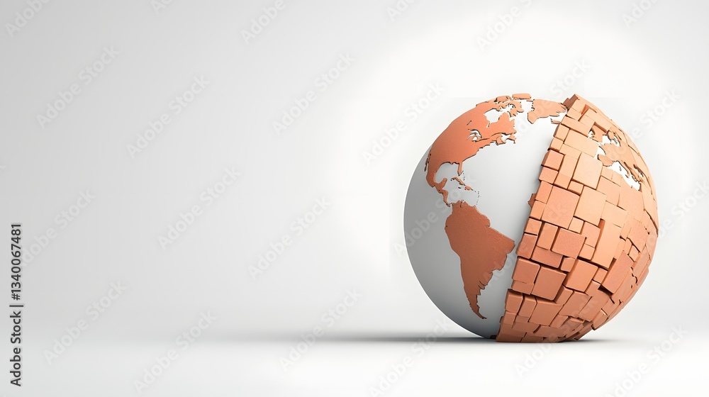 Poster an abstract 3d depicting a fragmented globe divided by brick barriers symbolizing the concept of tra