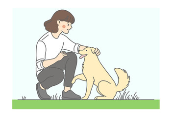 犬, ペット, 動物, ゴールデンレトリバー, 女性, なでる, ふれあい, 癒し, リラックス, 屋外, 公園, 散歩, 犬のしつけ, 愛犬, ペットライフ, 家族, 友情, 信頼, コミュニケーション, 動物愛護, 自然, 幸せ, 優しさ, 仲良し, 触れ合い, 表情, かわいい, シンプル, 清潔感, イラスト, ドッグ, シルエット, ベクター, 歩行, 仔犬, 人々, manga, ウォ