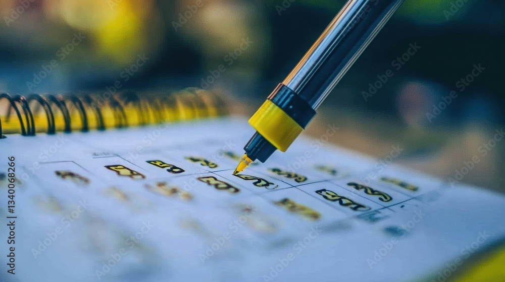 Poster a yellow marker is writing on a spiral bound notebook
