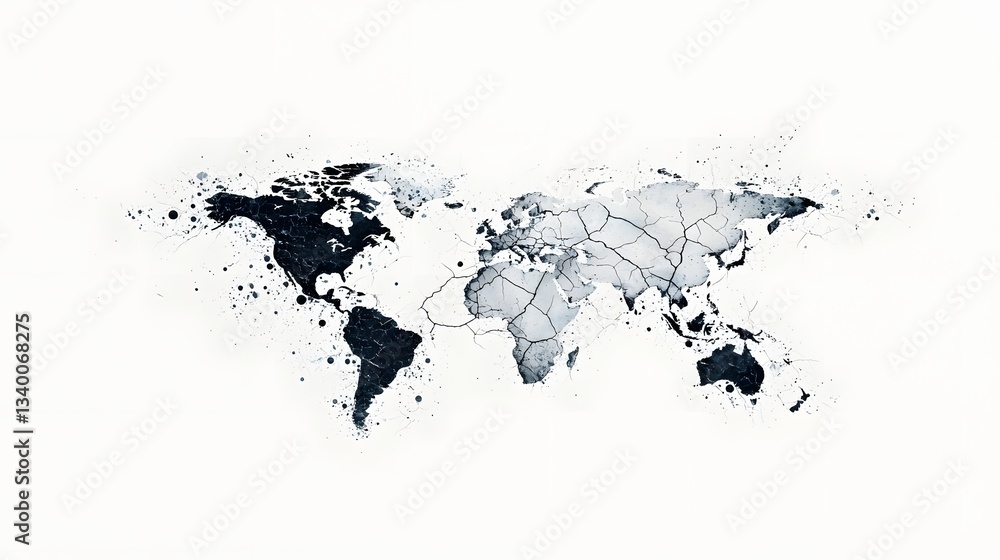 Poster an abstract depicting cracks and disruptions in the global network of trade routes representing the 