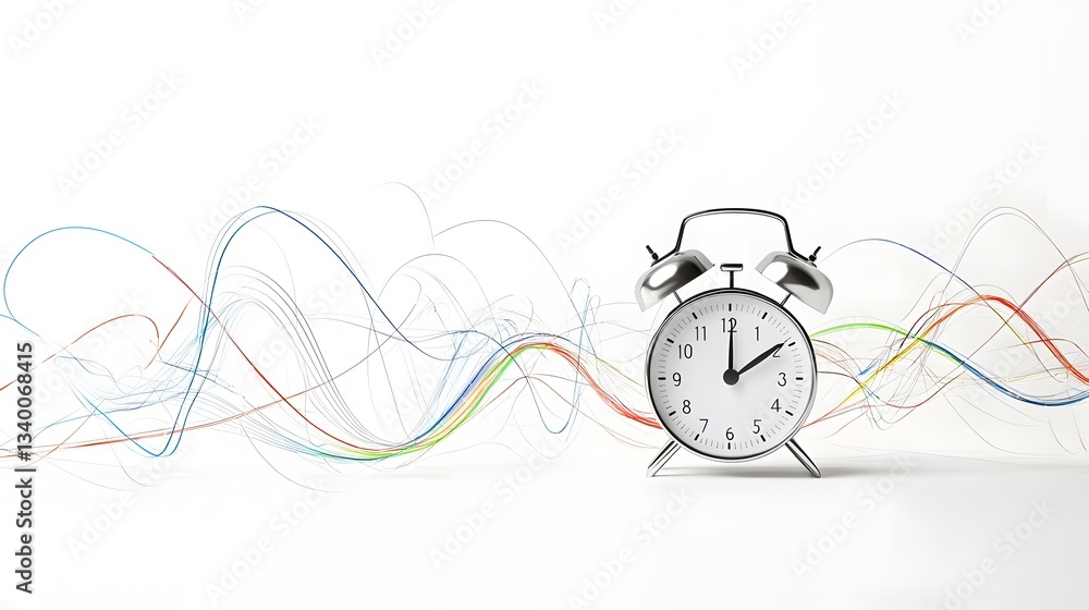 Poster An abstract design featuring a minimalist alarm clock surrounded by dynamic energy waves evoking a sense of futuristic time travel and technological advancement