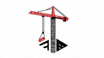 Stylized construction crane lifting building elements in bold colors