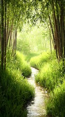 Obraz premium Picturesque stream meandering through a beautiful bamboo forest creating a tranquil atmosphere for nature lovers