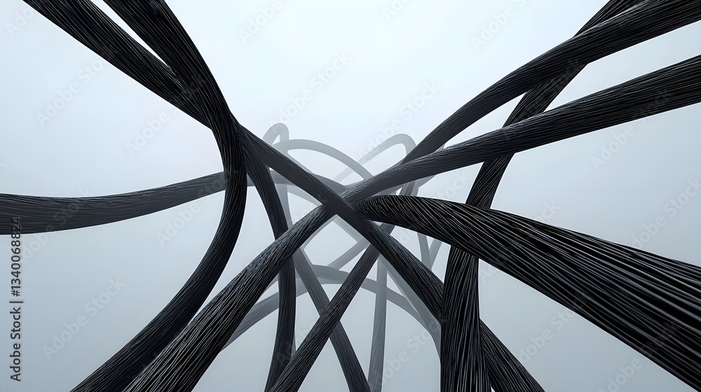 Aufkleber An abstract image depicting a complex interlocking network of black carbon fiber threads forming a geometric minimalist structure against a plain white background