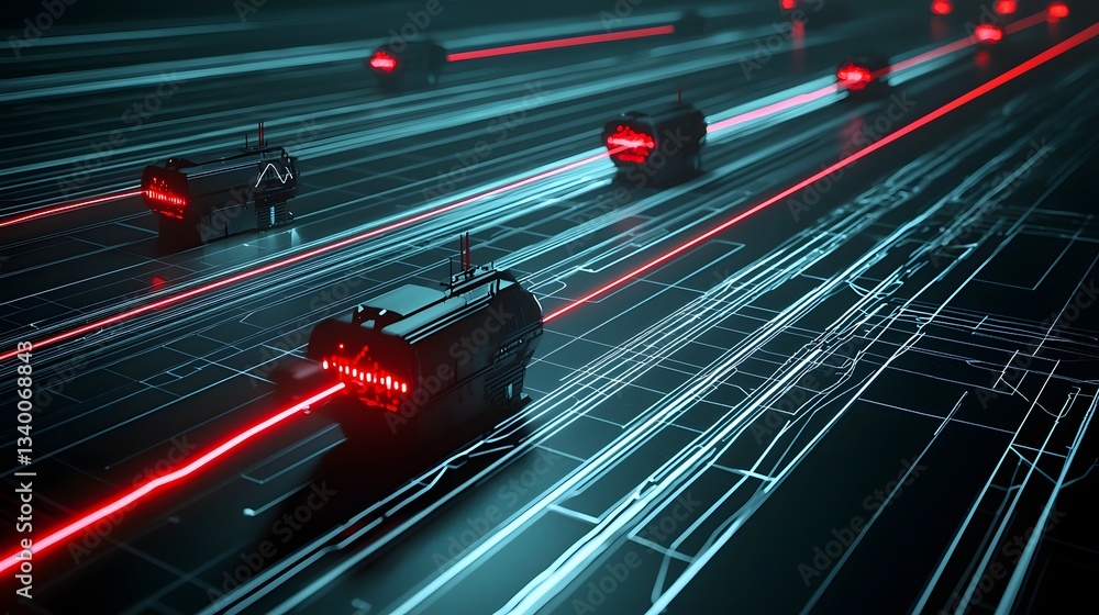 Poster An abstract image depicting blurred movement and illumination of vehicles and infrastructure on a dark city road at night suggesting a sense of high speed technology and urban connectivity
