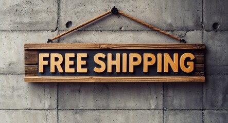 free shipping lettering on wooden sign board hanging on concrete wall background