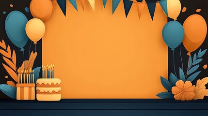 Birthday celebration backdrop with balloons, cake, and party decorations. A blank space for personalized text