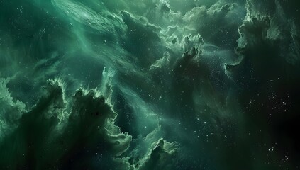 Green Nebula Cloud in Deep Space Galaxy with Stars