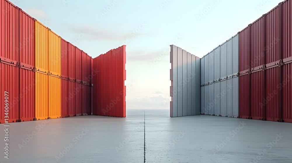 Poster an abstract image depicting fragmented global supply chains disrupted by the presence of tariff wall