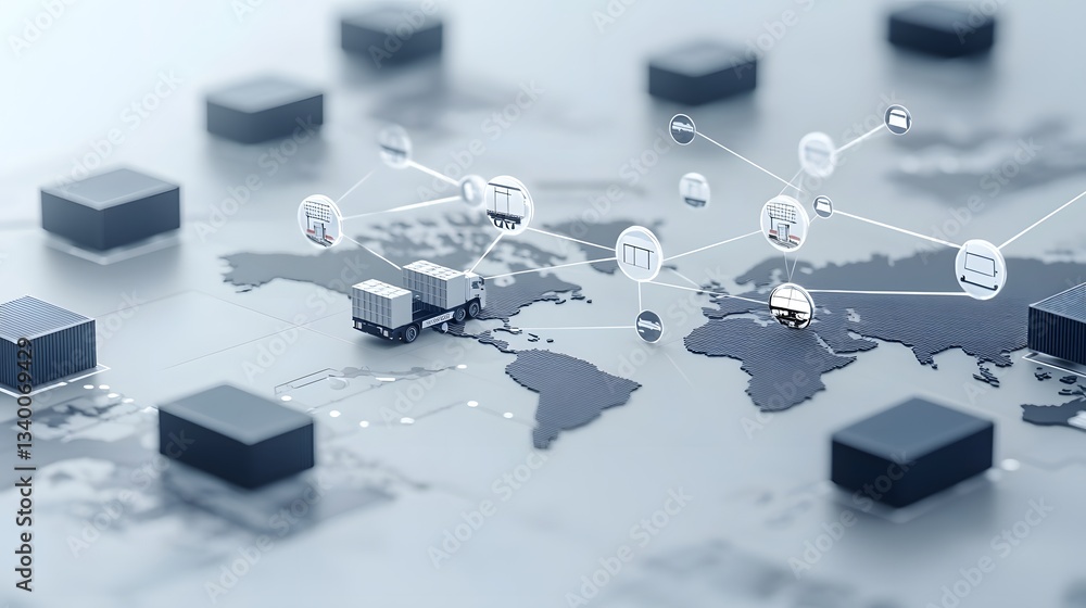 Poster An abstract visualization depicting the interconnected global supply chain network disrupted by the impacts of tariff barriers and trade restrictions between countries