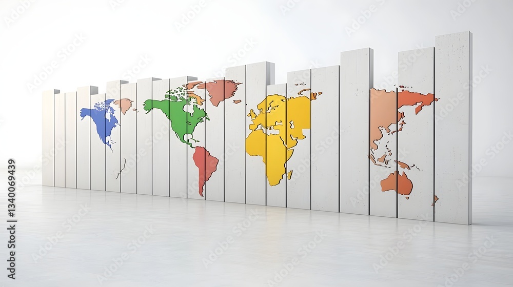 Poster An abstract representation of the economic division and trade barriers that fragment the global market depicted through a geometric and minimalist world map design on a clean white background