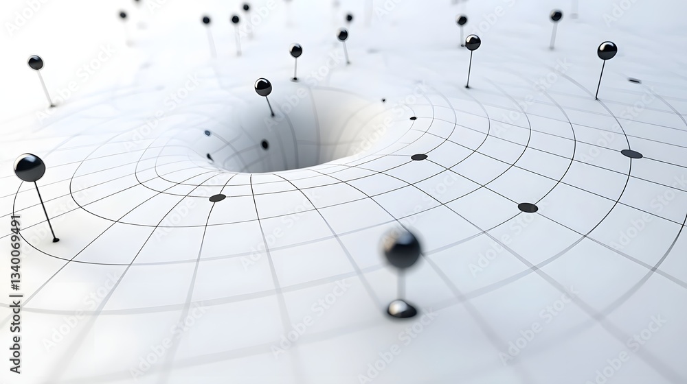 Poster An abstract visualization depicting the intricate network of lines and spheres representing the unseen yet influential forces of dark matter as it warps and distorts the fabric of space