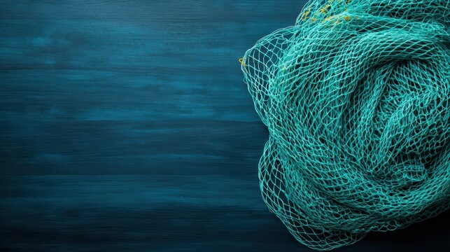 Close-up of a teal fishing net on a wooden surface