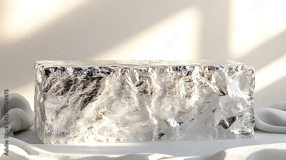 Poster single piece of ice resting on a smooth table surface capturing light and texture in a minimalist st