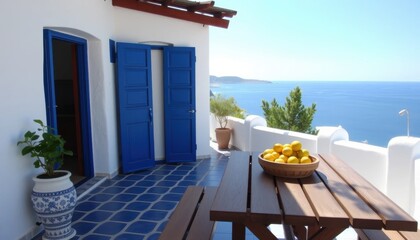 Fototapeta premium Mediterranean Patio Whitewashed Walls, Blue Tiles, Sea View