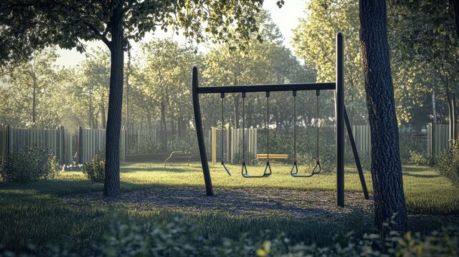 A tranquil outdoor playground scene with swings and greenery